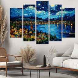 Traverse City Canvas Print in Van Gogh Starry Night Style, Michigan Wall Art, Grand Bay Poster, Print - thumbnail 3