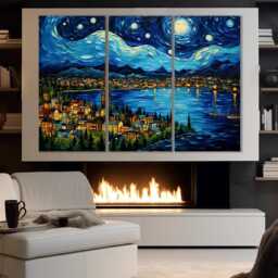 Traverse City Canvas Print in Van Gogh Starry Night Style, Michigan Wall Art, Grand Bay Poster, Print - thumbnail 2