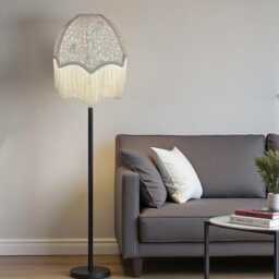 William Morris Snakeshead Dove Curtains Fabric Dome Lampshade Grey Braid & Cream Fringe, British Bespoke Handmade - thumbnail 3