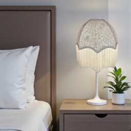 William Morris Snakeshead Dove Curtains Fabric Dome Lampshade Grey Braid & Cream Fringe, British Bespoke Handmade - thumbnail 2