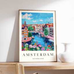 Amsterdam Canal Art Print Dutch Bicycle, European City Travel Poster - thumbnail 1