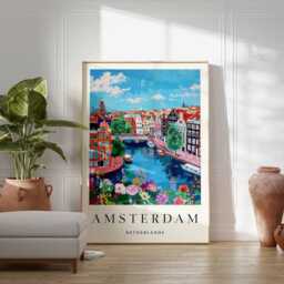 Amsterdam Canal Art Print Dutch Bicycle, European City Travel Poster - thumbnail 2