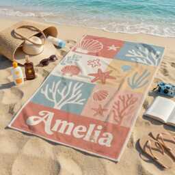 Ocean Seashell Personalized Beach Towel, Custom Name Summer Towel For Kids & Adults, Starfish Coastal Pool Vacation Gift Idea - thumbnail 2