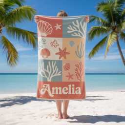 Ocean Seashell Personalized Beach Towel, Custom Name Summer Towel For Kids & Adults, Starfish Coastal Pool Vacation Gift Idea - thumbnail 1