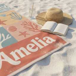 Ocean Seashell Personalized Beach Towel, Custom Name Summer Towel For Kids & Adults, Starfish Coastal Pool Vacation Gift Idea - thumbnail 3