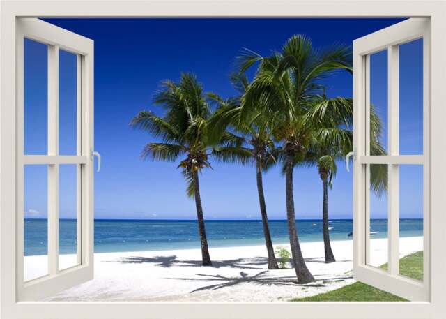 Tropical Beach Wall Decal, 3D Window Sea Nature Palm Trees Mural, Frame, Living Room Home Decor