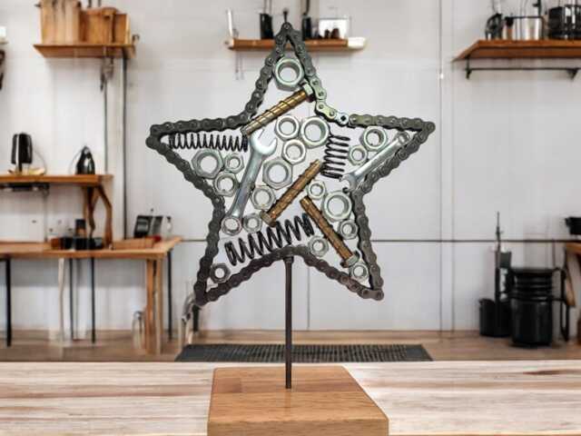 Motorcycle Chain Star Sculpture Handmade Metal Art On Irish Oak Base - image 1