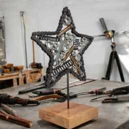 Motorcycle Chain Star Sculpture Handmade Metal Art On Irish Oak Base - thumbnail 3