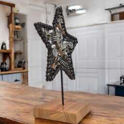 Motorcycle Chain Star Sculpture Handmade Metal Art On Irish Oak Base - thumbnail 4