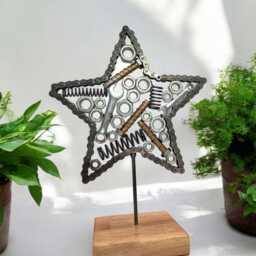 Motorcycle Chain Star Sculpture Handmade Metal Art On Irish Oak Base - thumbnail 2