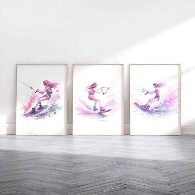 Girls Wakeboarding Print Set - 3 Posters - Wall Art Gifts Wakeboard Gift Definition Wakeboarder Decor Room Watercolour Artwork - image 1