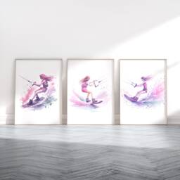 Girls Wakeboarding Print Set - 3 Posters - Wall Art Gifts Wakeboard Gift Definition Wakeboarder Decor Room Watercolour Artwork - thumbnail 1