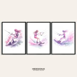 Girls Wakeboarding Print Set - 3 Posters - Wall Art Gifts Wakeboard Gift Definition Wakeboarder Decor Room Watercolour Artwork - thumbnail 2