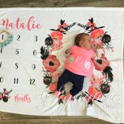 Baby Floral Milestone Blanket, Personalized Girl Monthly Name Minky, Fleece, Shower Gift - thumbnail 4