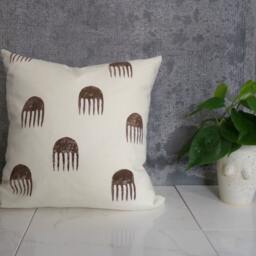 Cream Linen Pillow Cover With Brown Print/ Block Printed Textile Neutral Geometric Comb Design Natural African Inspired Modern Cushion - thumbnail 2