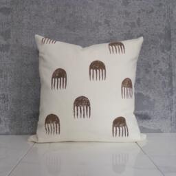 Cream Linen Pillow Cover With Brown Print/ Block Printed Textile Neutral Geometric Comb Design Natural African Inspired Modern Cushion - thumbnail 3