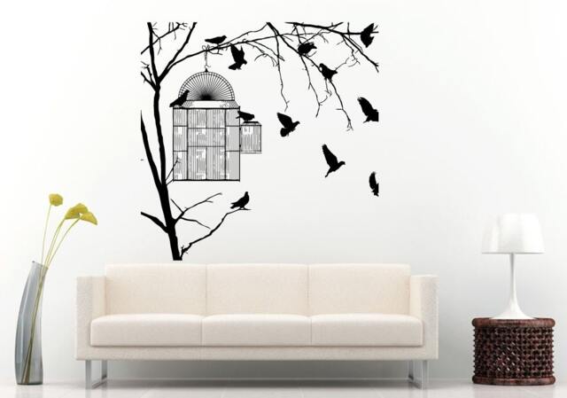 Beautiful Tree Branch With Bird Cage Hanging & Birds Everywhere Wall Decal Vinyl Sticker Mural Room Decor L963 - image 1