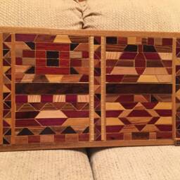 Wood Wall Art Sculpture Featuring A Variety Of Exotic Wood Pieces in Several Geometric Mosaic Arrays With Triangle Hardwood Inlays - thumbnail 4