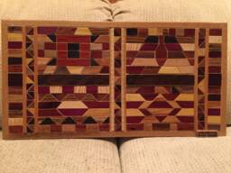 Wood Wall Art Sculpture Featuring A Variety Of Exotic Wood Pieces in Several Geometric Mosaic Arrays With Triangle Hardwood Inlays - thumbnail 1