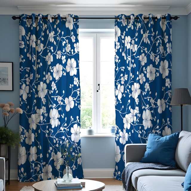 Blue Floral Curtains, White Blossom Pattern Modern Botanical Drapes, Custom Made Eyelet Or Rod Pocket Panels - image 1