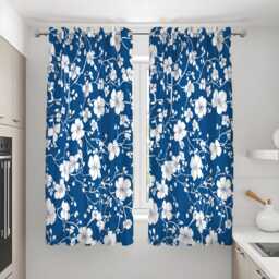 Blue Floral Curtains, White Blossom Pattern Modern Botanical Drapes, Custom Made Eyelet Or Rod Pocket Panels - thumbnail 3