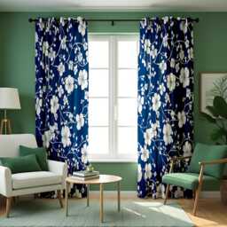 Blue Floral Curtains, White Blossom Pattern Modern Botanical Drapes, Custom Made Eyelet Or Rod Pocket Panels - thumbnail 4