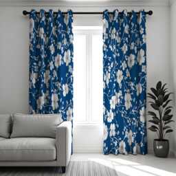Blue Floral Curtains, White Blossom Pattern Modern Botanical Drapes, Custom Made Eyelet Or Rod Pocket Panels - thumbnail 2