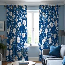 Blue Floral Curtains, White Blossom Pattern Modern Botanical Drapes, Custom Made Eyelet Or Rod Pocket Panels