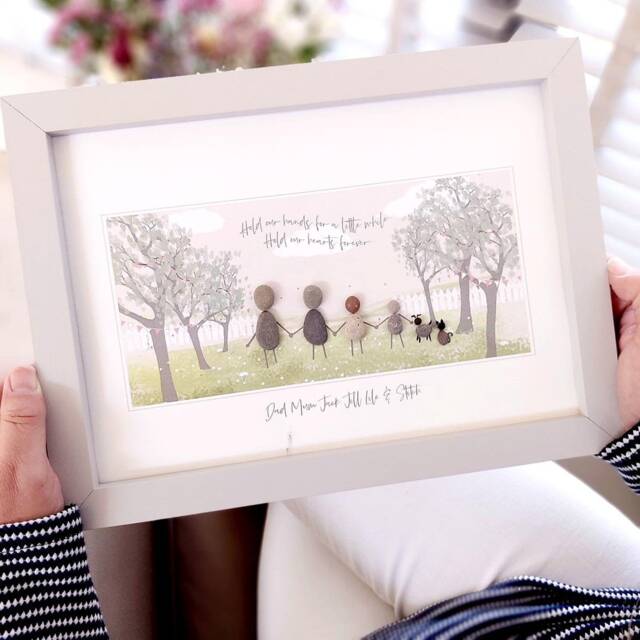 Personalised Family Pebble Picture - Framed Art Gift For Her Mother's Day Birthday Walk in The Park - image 1