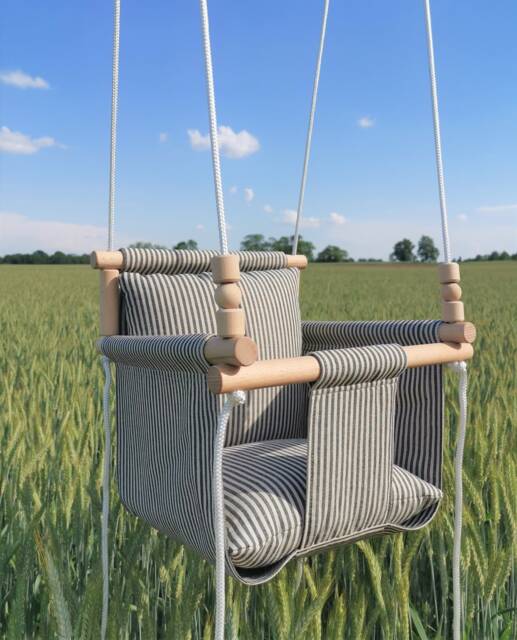 Linen Baby Swing, Wooden Infant Hammock, Bohemian Porch Decor - image 1