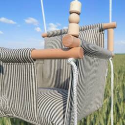 Linen Baby Swing, Wooden Infant Hammock, Bohemian Porch Decor - thumbnail 3