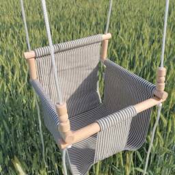 Linen Baby Swing, Wooden Infant Hammock, Bohemian Porch Decor - thumbnail 2
