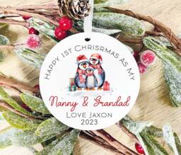 Personalised First Christmas As My Nanny & Grandad Bauble, Grandparents 1st Christmas, Penguin Decoration
