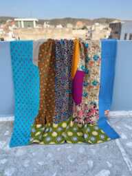 Bohemian Cotton Kantha Quilt Block Print Reversible Patchwork Handmade Bedspread - thumbnail 1