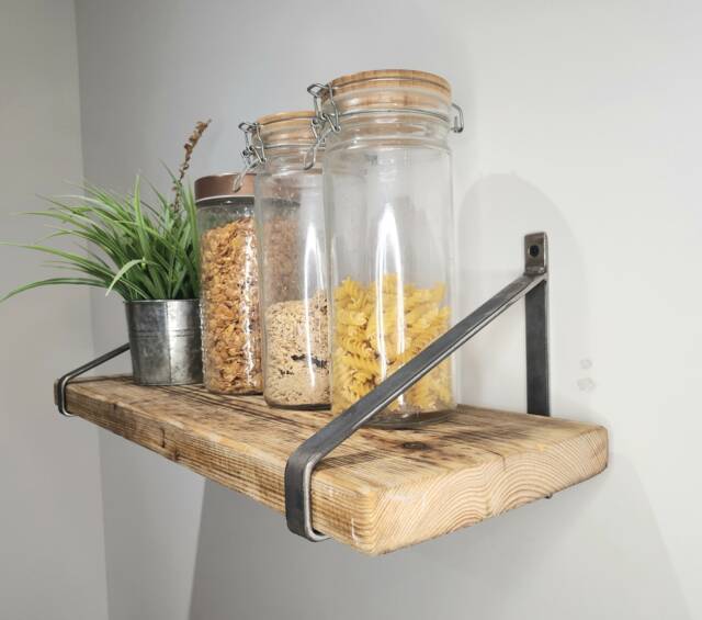 Industrial Shelf With Raw Steel Brackets - Handmade Wall Rustic Wood & Metal UK Made Decor - image 1