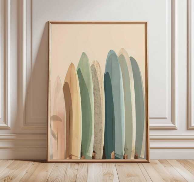 Muted Surfboards Beach Art Print Poster, Boho Minimalist Art, Coastal House Decor Surfer Gift Nursery Wall - image 1