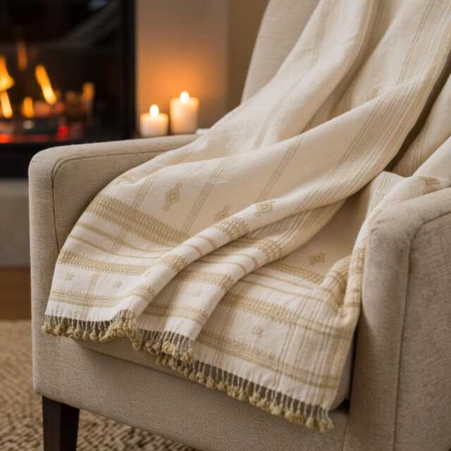 Off White Tan Indian Wool Throw Blanket, Handwoven Sofa & Warm Neutral Bed Runner - Heera - image 1