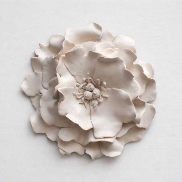 Peony Flower Wall Sculpture - Cream Textured Garden Inspired Clay Modern Minimalist Floral Hanging - image 1