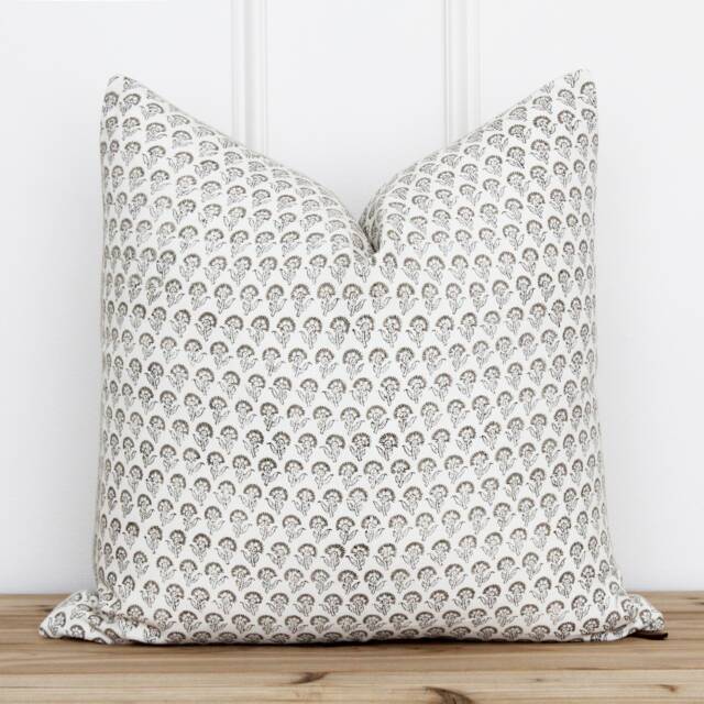 Beige Floral Hand Block Pillow Cover - Botanical Indian Printed 20 X 16 26 -- Morgan - image 1