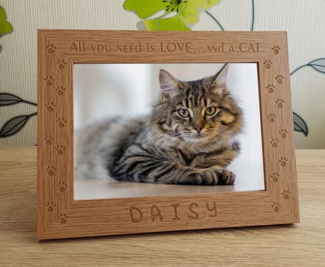 All You Need Is Love... & A Cat Personalised Engraved Wooden Photo Frame Pet Memorial Keepsake Gift Size 6 X 4 Or 7 5 - image 1