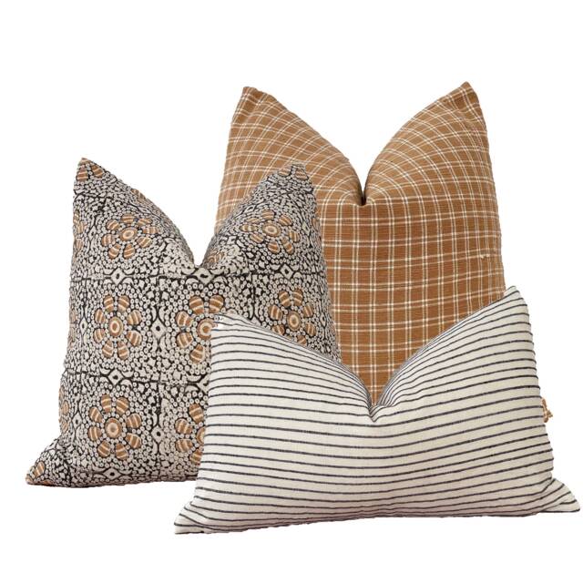 Block Print Linen Pillow Cover Tan Floral, Cream Check, Striped Lumbar - image 1