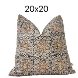 Block Print Linen Pillow Cover Tan Floral, Cream Check, Striped Lumbar - thumbnail 3
