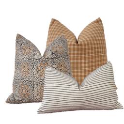 Block Print Linen Pillow Cover Tan Floral, Cream Check, Striped Lumbar