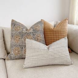 Block Print Linen Pillow Cover Tan Floral, Cream Check, Striped Lumbar - thumbnail 4