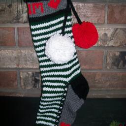 Hand Knit Christmas Stocking Personalized Mom Green White Elf Stripes Red Heart Detail By Santa's Works - thumbnail 2