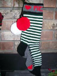 Hand Knit Christmas Stocking Personalized Mom Green White Elf Stripes Red Heart Detail By Santa's Works