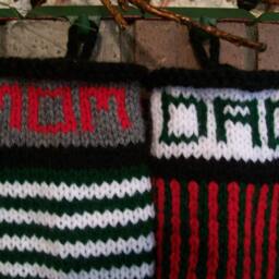 Hand Knit Christmas Stocking Personalized Mom Green White Elf Stripes Red Heart Detail By Santa's Works - thumbnail 4