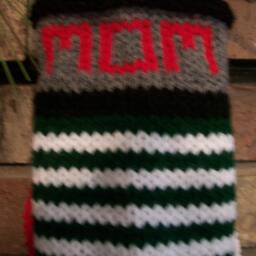 Hand Knit Christmas Stocking Personalized Mom Green White Elf Stripes Red Heart Detail By Santa's Works - thumbnail 3