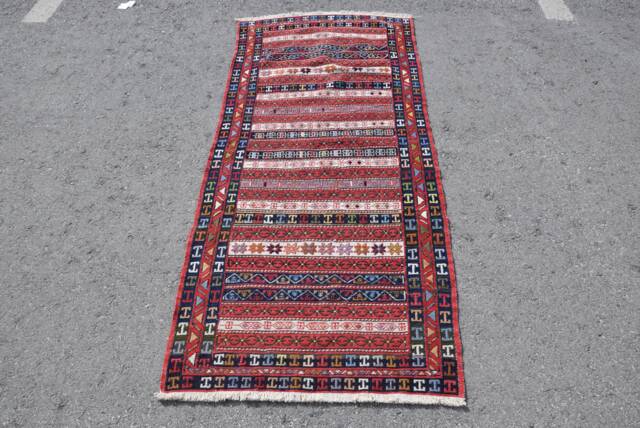 Vintage Kilim, Turkish Rugs For Kitchen, Aztec 2.7x6 Ft Accent Red Bedroom Kilim - image 1