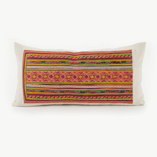 Hill Tribe Textile Lumbar Pillow Cushion Handwoven Tribal Fabric Colorful Dress Patch Orange #idpa - image 1